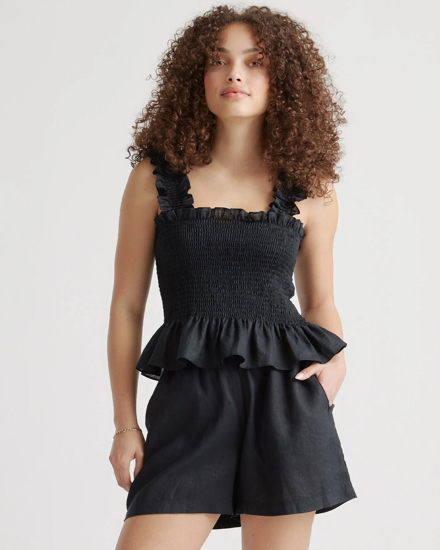 100% European Linen Smocked Peplum Tank