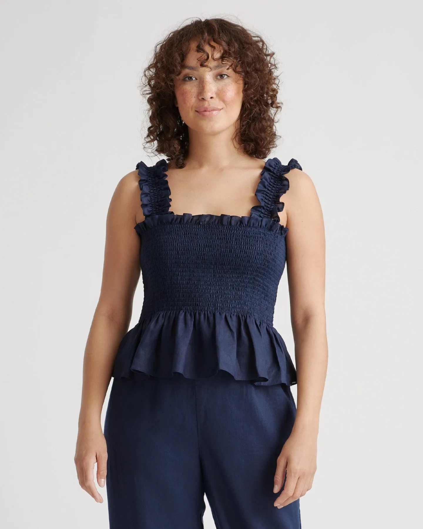 100% European Linen Smocked Peplum Tank