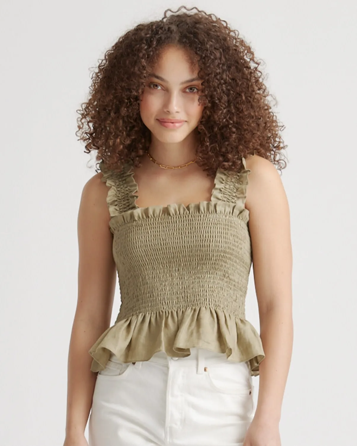 100% European Linen Smocked Peplum Tank