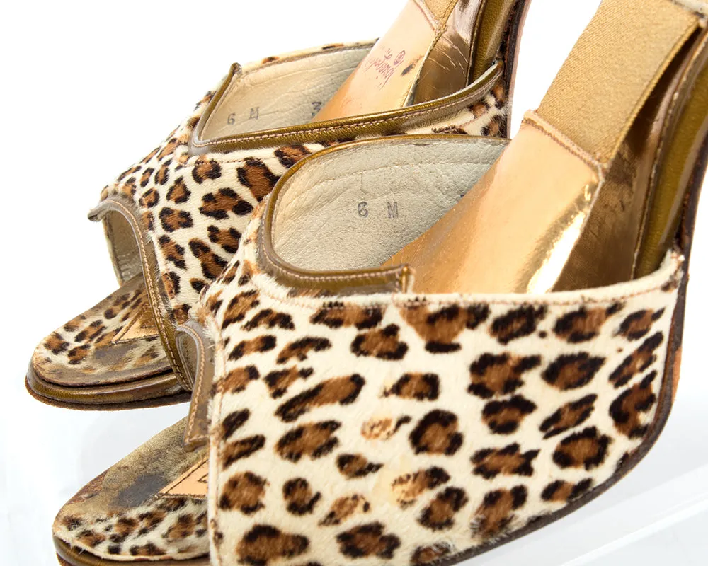 1950s Leopard Print Pony Hair Spring-o-lators | size 6