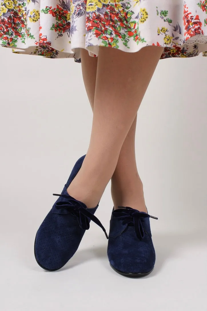 40's vintage style pumps in suede with lace - navy blue - Esther