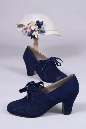 40's vintage style pumps in suede with lace - navy blue - Esther