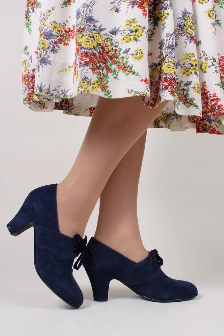 40's vintage style pumps in suede with lace - navy blue - Esther