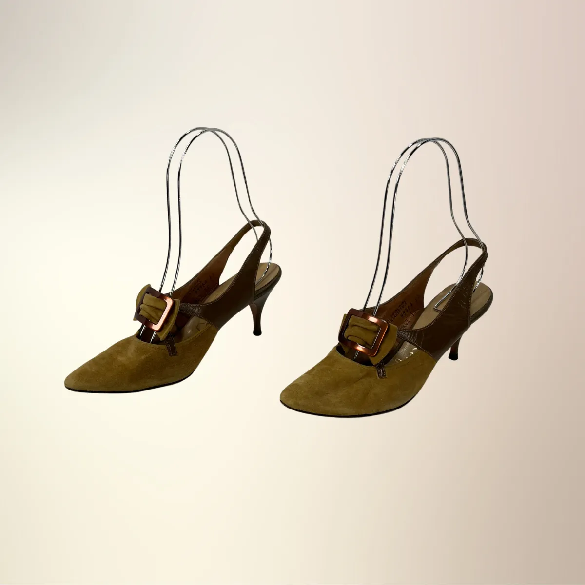 60s Vintage Buckled Stiletto Slingback Heels Olive Green Suede & Leather Shoes Risque VFG