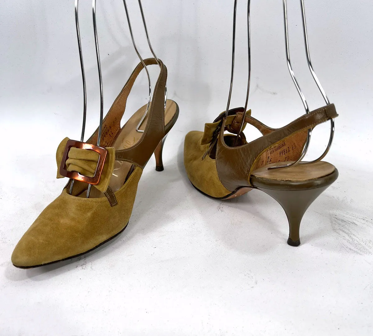 60s Vintage Buckled Stiletto Slingback Heels Olive Green Suede & Leather Shoes Risque VFG