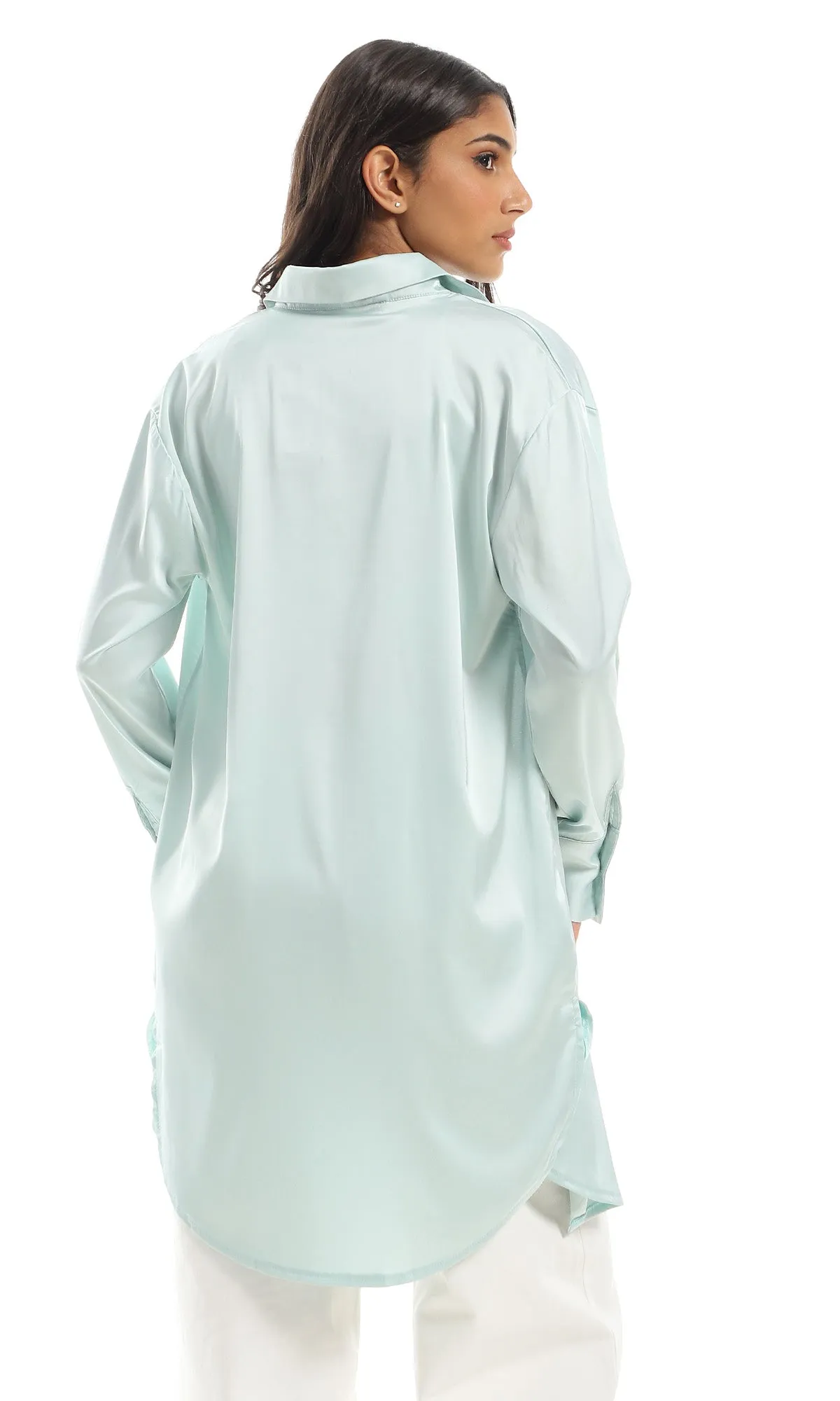 97534 Side Slited Full Buttoned Silk Accent Light Mint Shirt