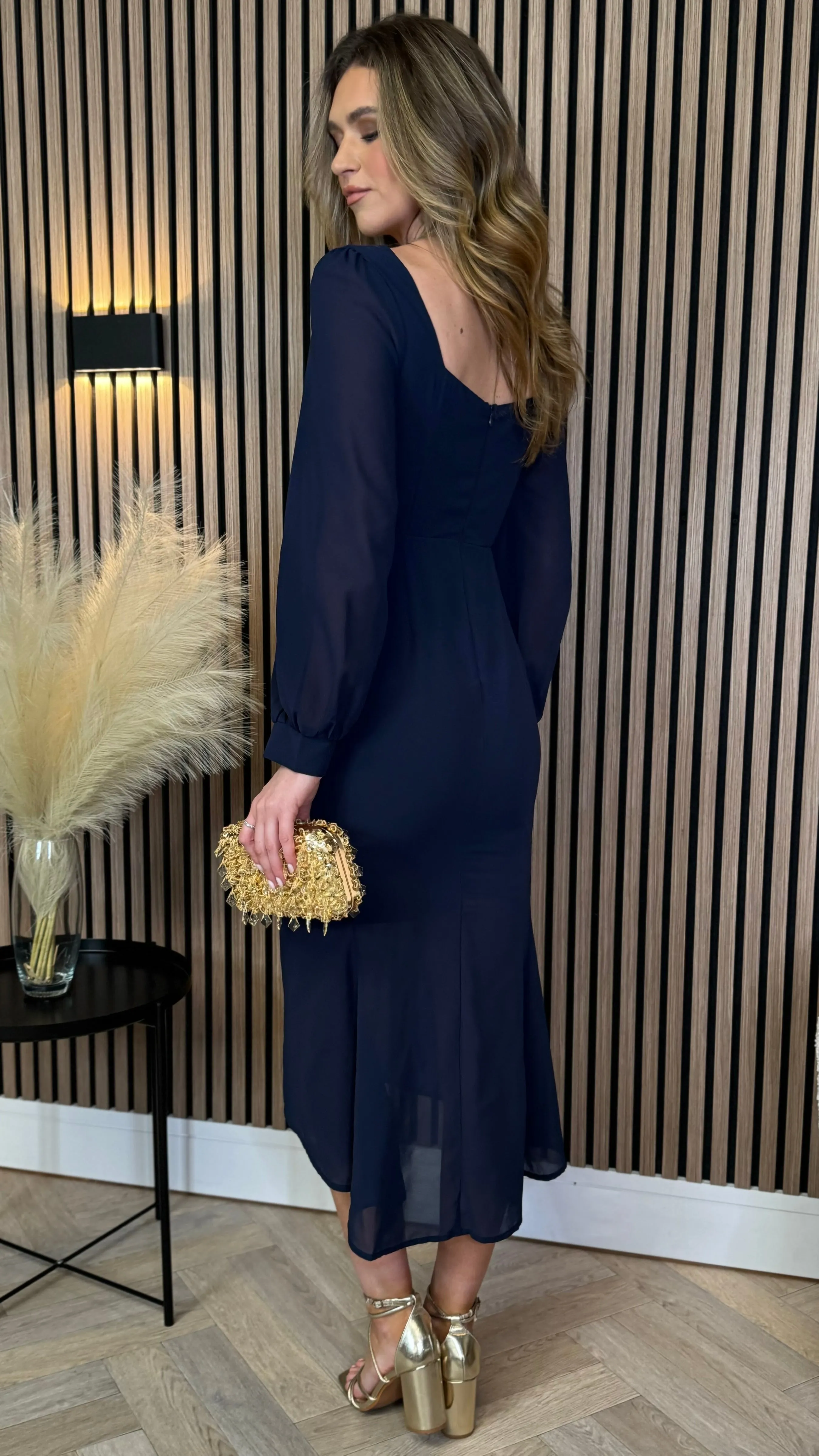 Abriella Navy Sweetheart Neck Ruched Midi Dress