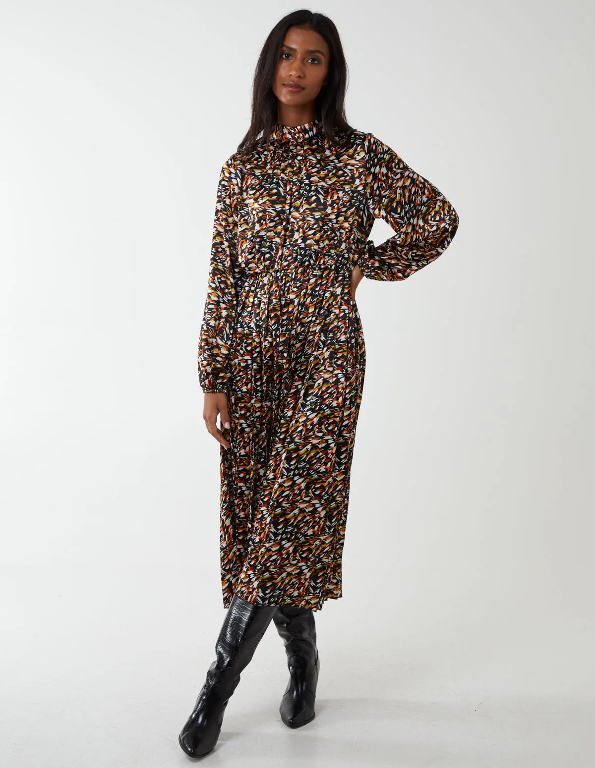 Abstract Animal Print High Neck Blouson Dress