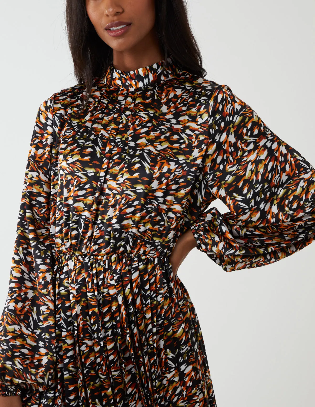 Abstract Animal Print High Neck Blouson Dress