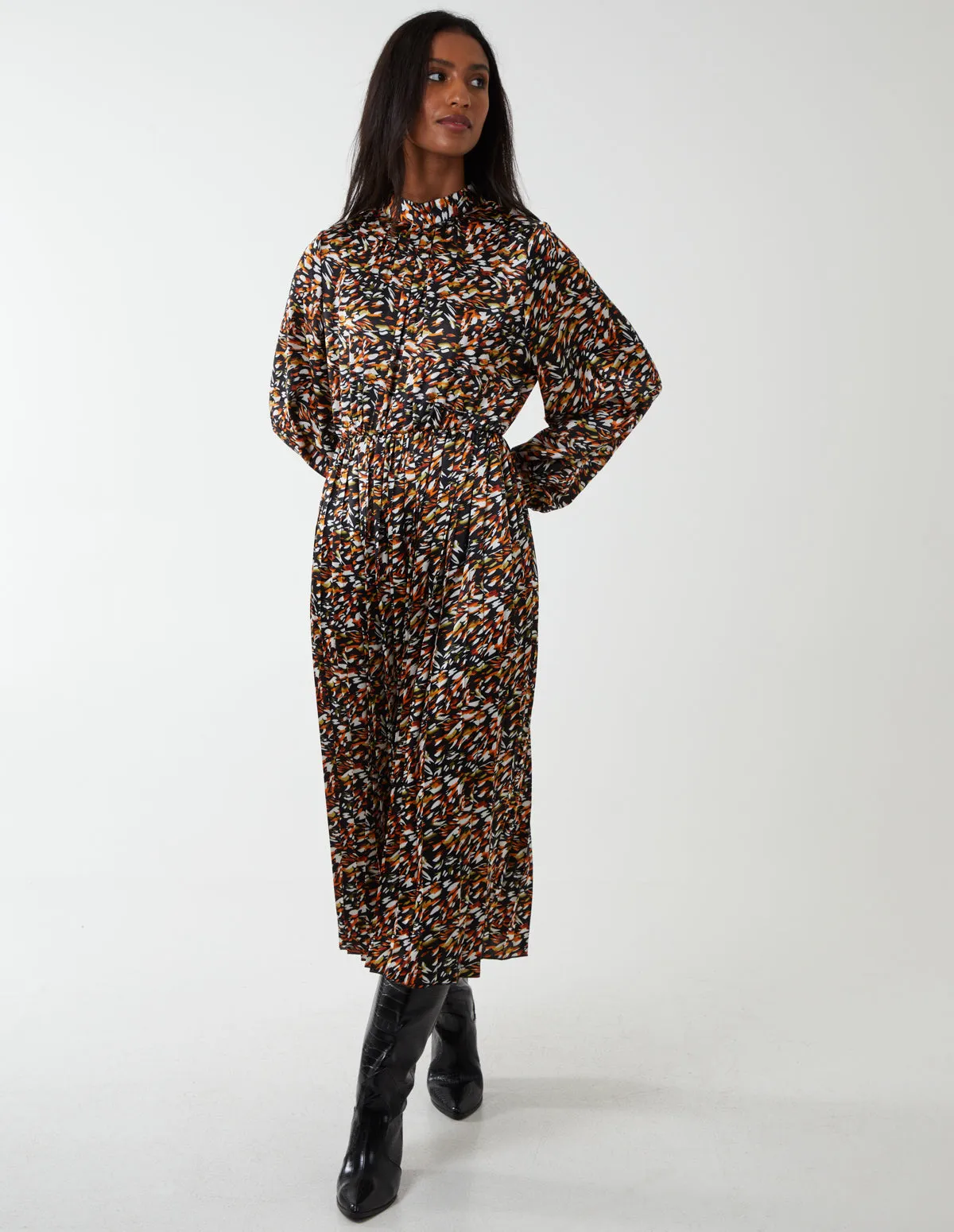 Abstract Animal Print High Neck Blouson Dress