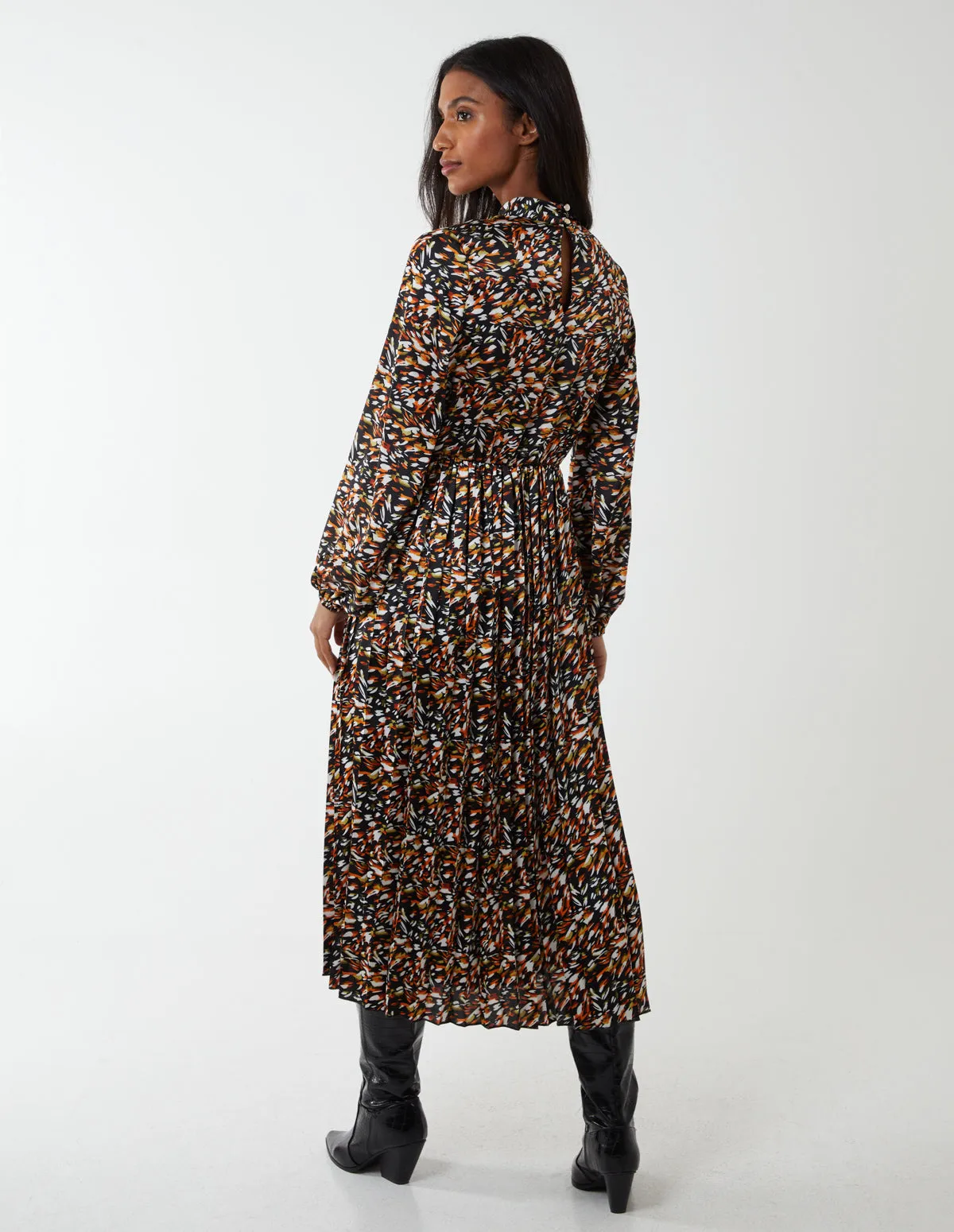 Abstract Animal Print High Neck Blouson Dress
