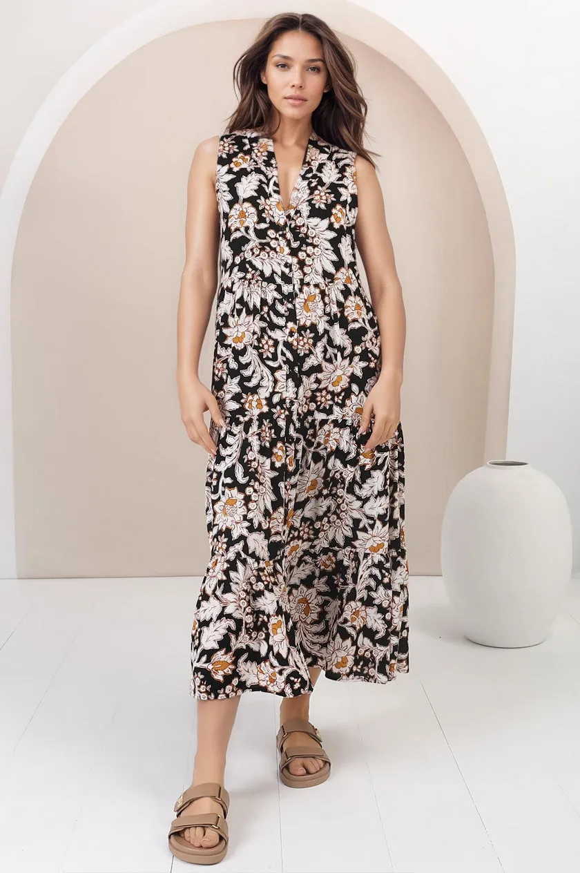 Acelle Midi Dress - Sleeveless Bermuda Collar Button Down Dress in Torah Print