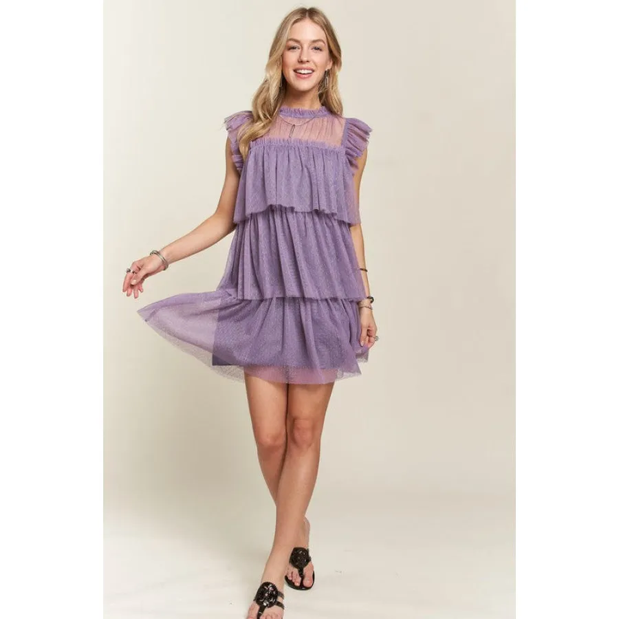 ADORA Layered Ruffled Cap Sleeve Mesh Dress