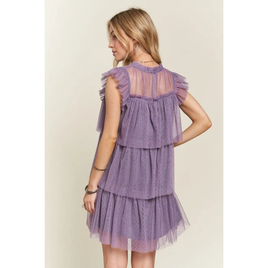 ADORA Layered Ruffled Cap Sleeve Mesh Dress