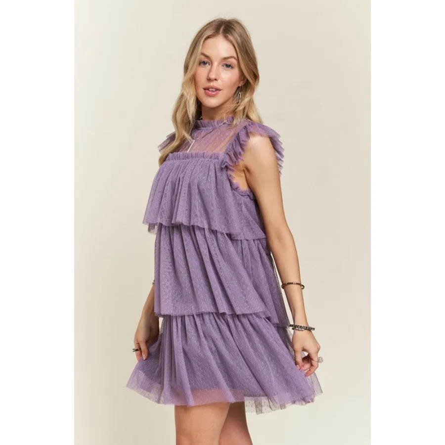 ADORA Layered Ruffled Cap Sleeve Mesh Dress