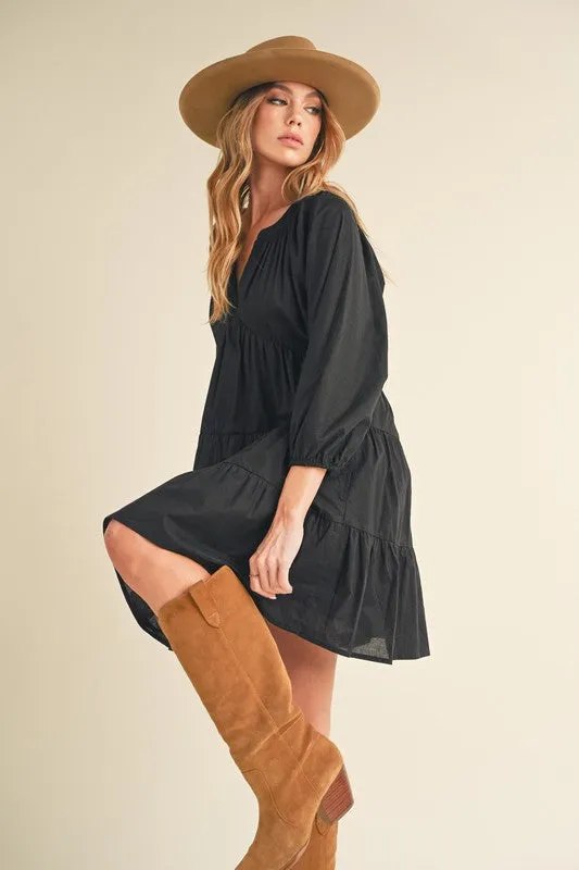 Aemi   Co Notched Balloon Sleeve Tiered Mini Dress in Black