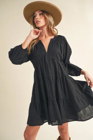 Aemi   Co Notched Balloon Sleeve Tiered Mini Dress in Black