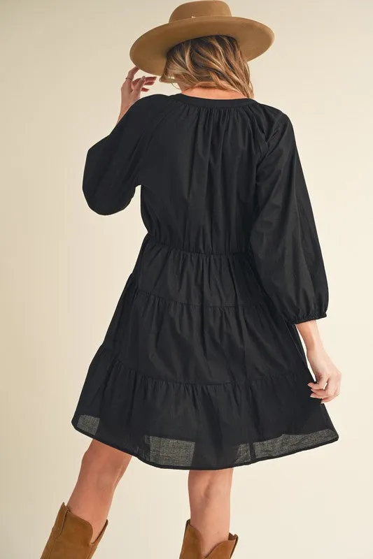 Aemi   Co Notched Balloon Sleeve Tiered Mini Dress in Black
