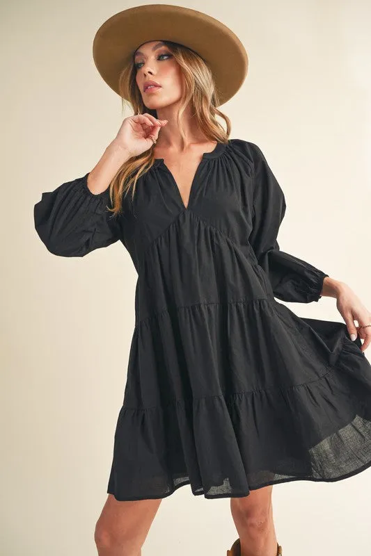Aemi   Co Notched Balloon Sleeve Tiered Mini Dress in Black