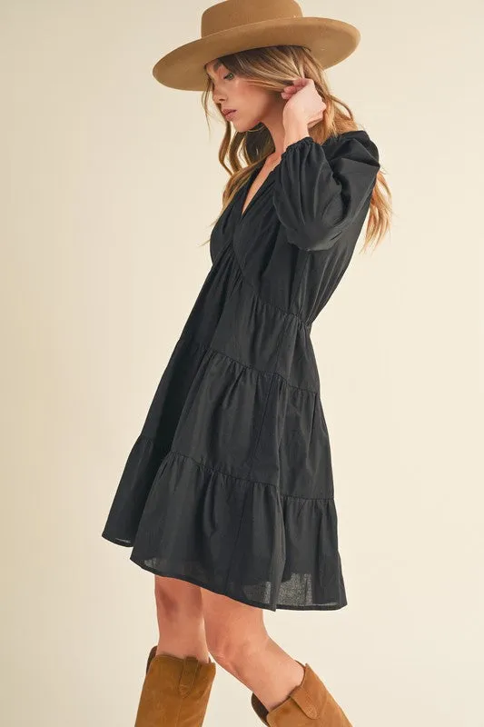 Aemi   Co Notched Balloon Sleeve Tiered Mini Dress in Black