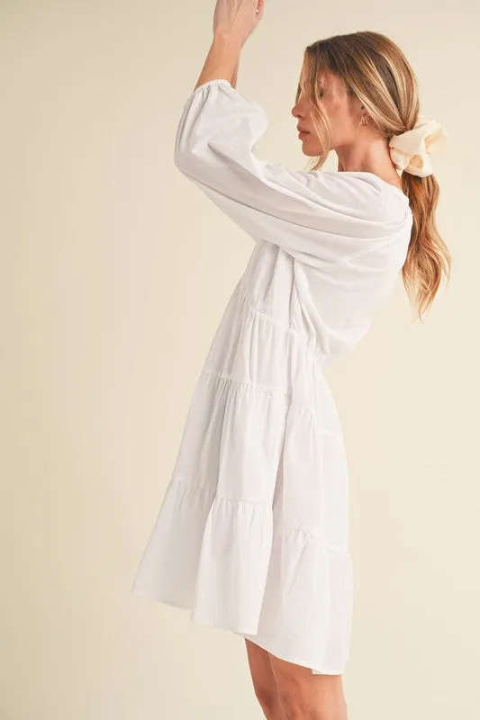 Aemi   Co Notched Balloon Sleeve Tiered Mini Dress in White