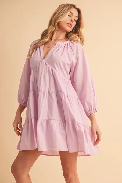 Aemi   Co Notched Balloon Sleeve Tiered Mini Dress