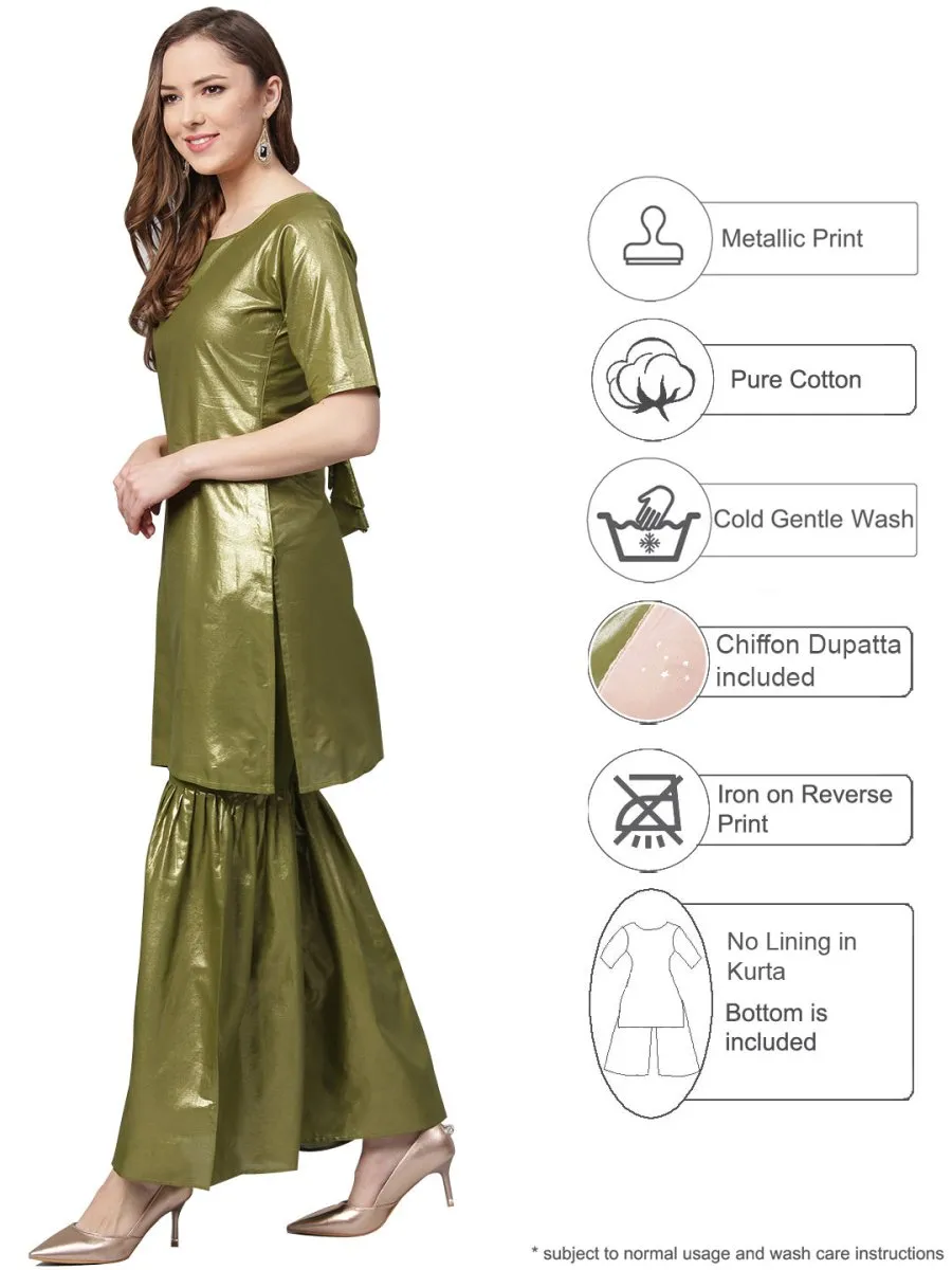 Ahalyaa Shimmer Green Cotton Kurta Gharara With Peach Dupatta