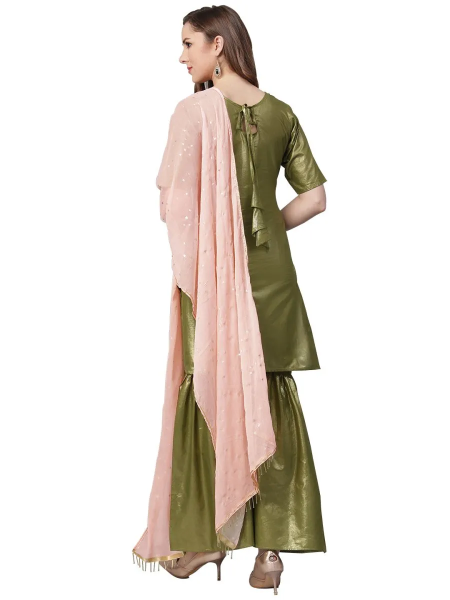 Ahalyaa Shimmer Green Cotton Kurta Gharara With Peach Dupatta