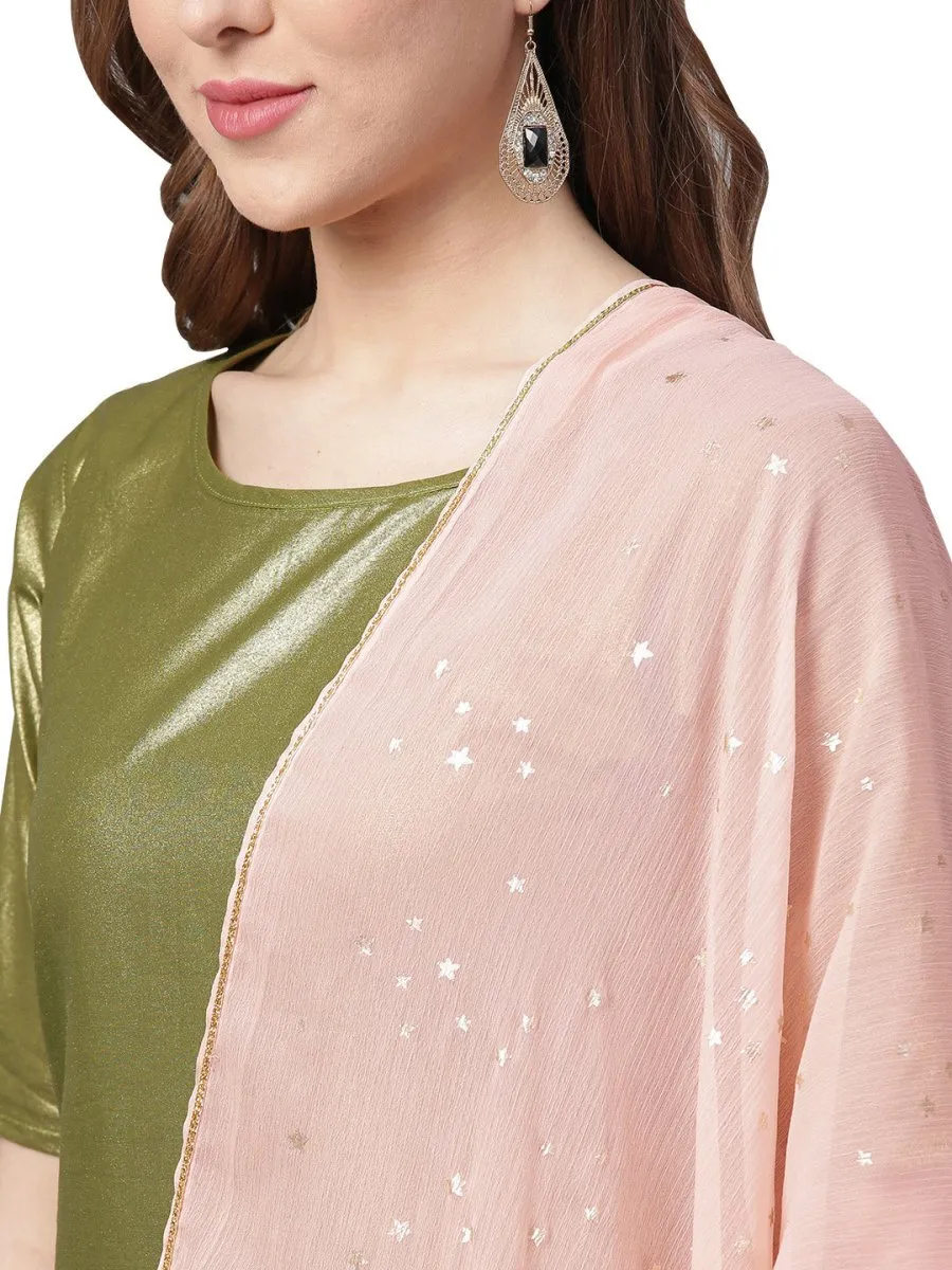 Ahalyaa Shimmer Green Cotton Kurta Gharara With Peach Dupatta