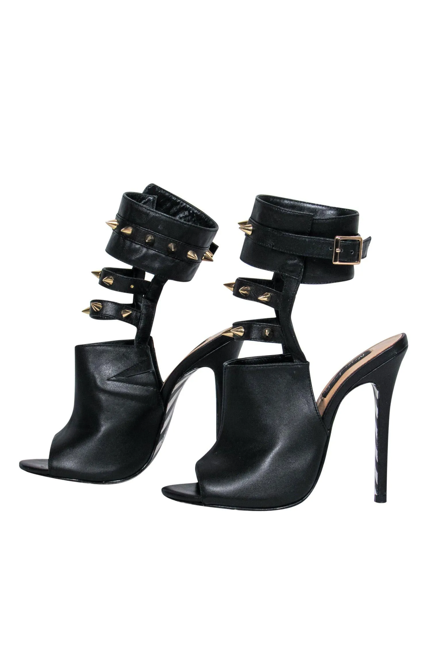 Alejandra G. - Black Caged Peep Toe "Fiona" Stilettos w/ Gold Studs Sz 6