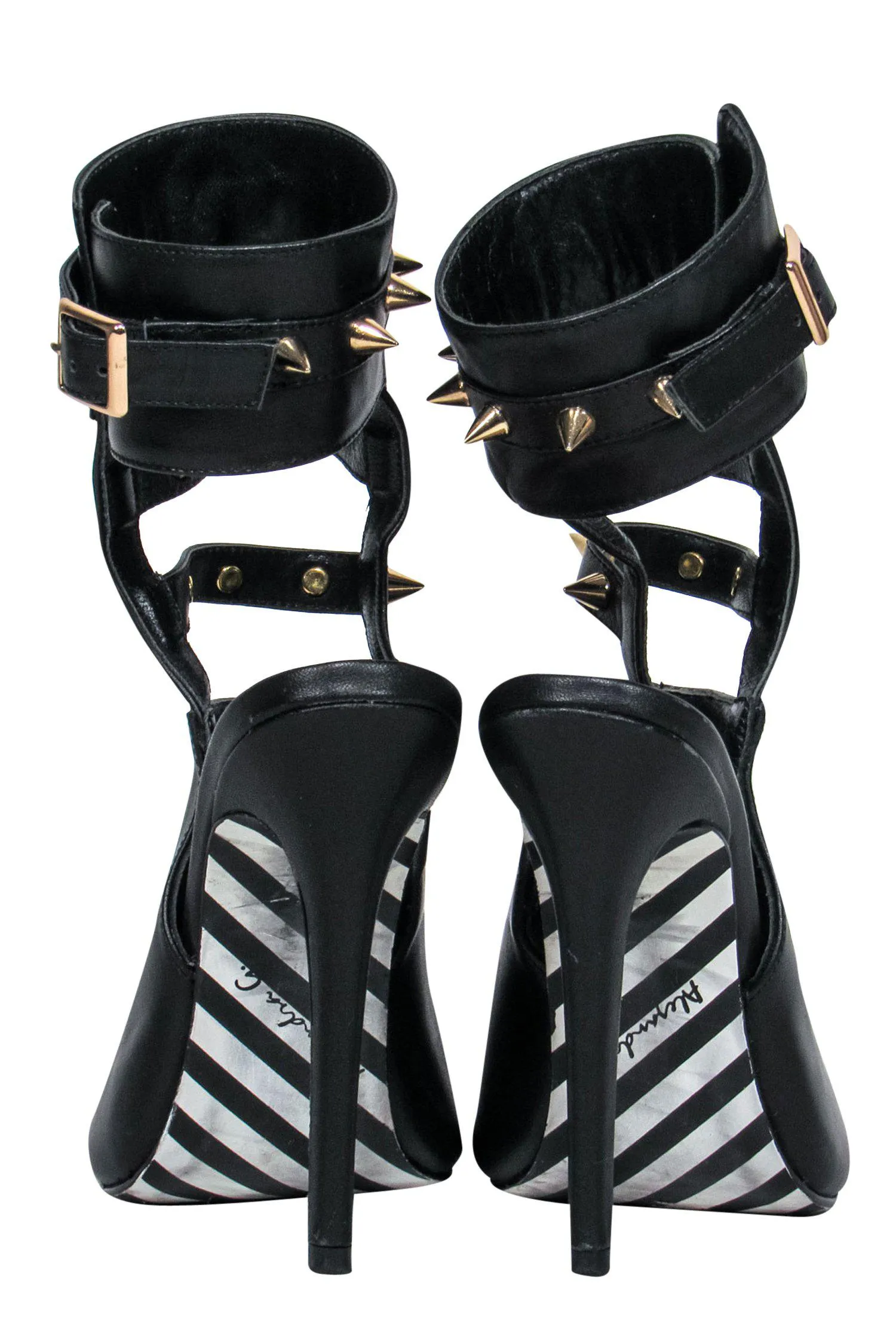 Alejandra G. - Black Caged Peep Toe "Fiona" Stilettos w/ Gold Studs Sz 6