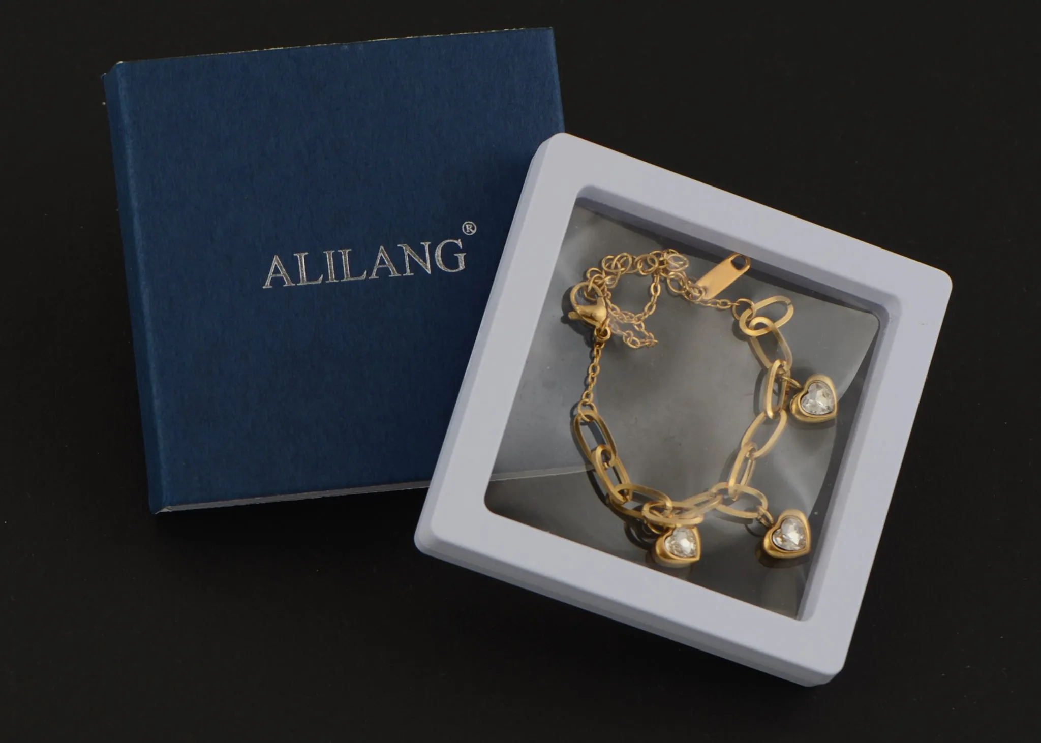 Alilang Golden Tone Sparkly Crystal Rhinestones Love Heart Chain Link Bracelet for Women