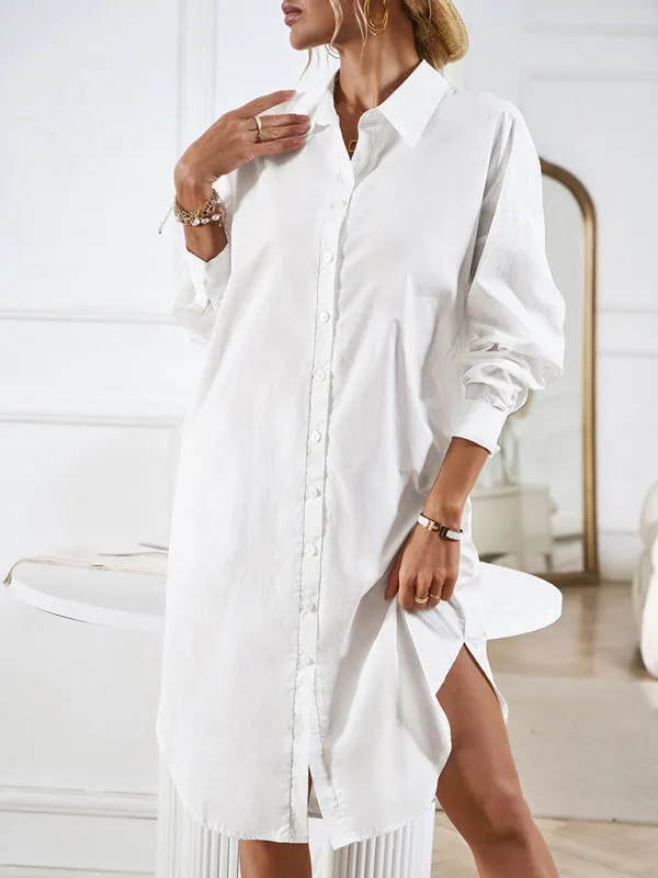 All-Occasion Cotton Fancy Shirt Midi Dress with Pockets - Without Belt