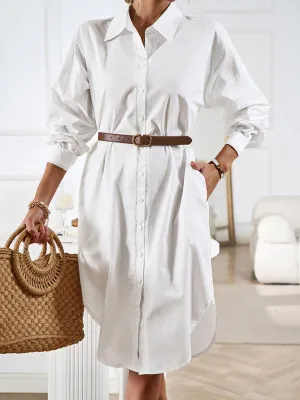 All-Occasion Cotton Fancy Shirt Midi Dress with Pockets - Without Belt