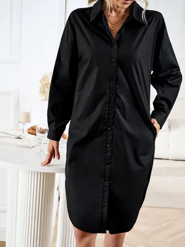 All-Occasion Cotton Fancy Shirt Midi Dress with Pockets - Without Belt