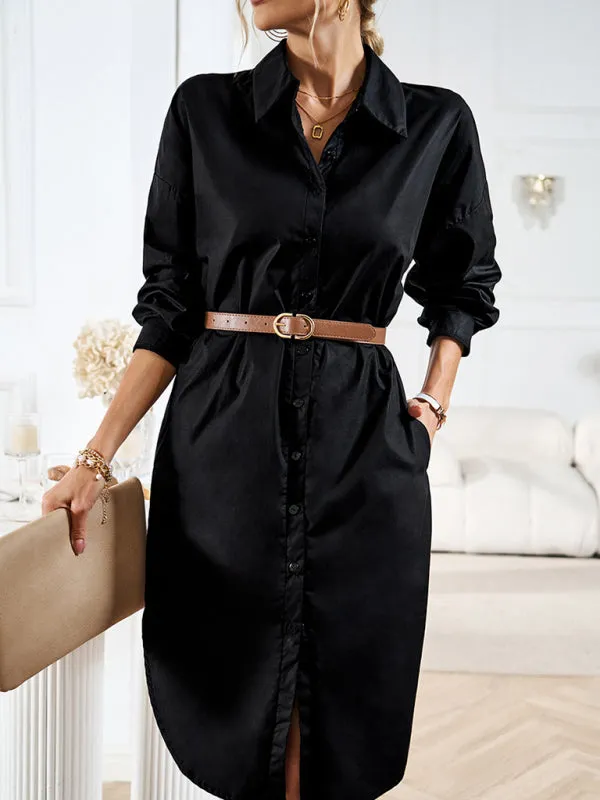 All-Occasion Cotton Fancy Shirt Midi Dress with Pockets - Without Belt