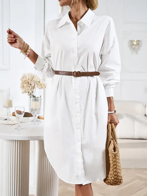 All-Occasion Cotton Fancy Shirt Midi Dress with Pockets - Without Belt