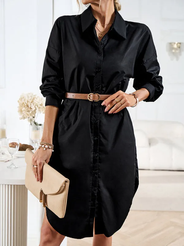 All-Occasion Cotton Fancy Shirt Midi Dress with Pockets - Without Belt
