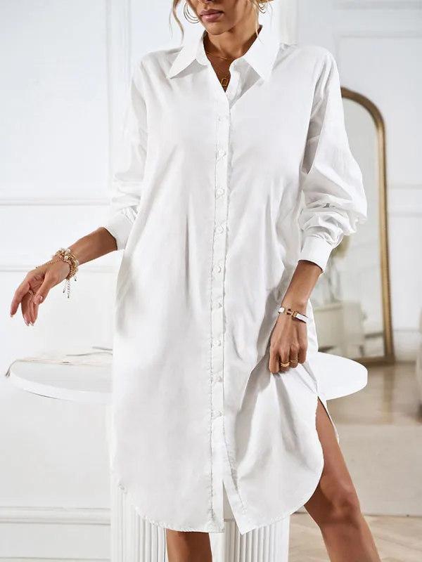 All-Occasion Cotton Fancy Shirt Midi Dress with Pockets - Without Belt