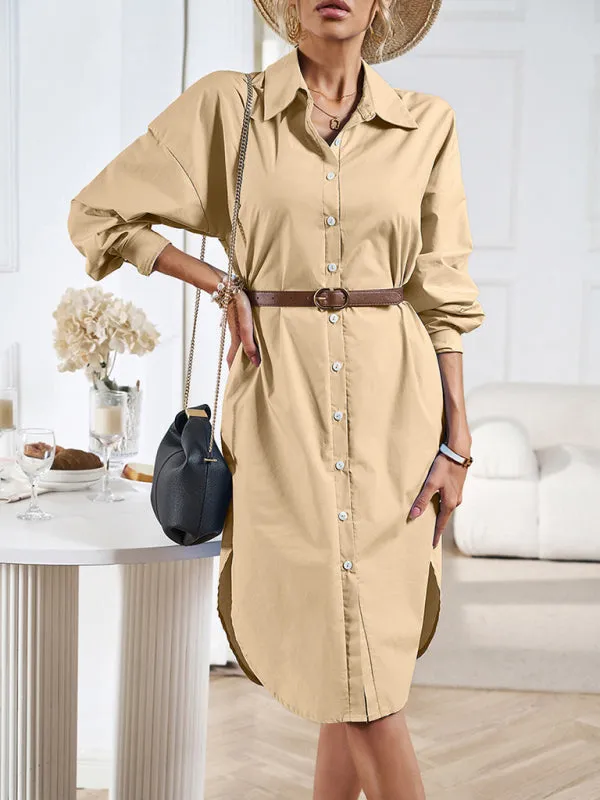 All-Occasion Cotton Fancy Shirt Midi Dress with Pockets - Without Belt
