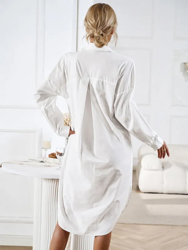 All-Occasion Cotton Fancy Shirt Midi Dress with Pockets - Without Belt