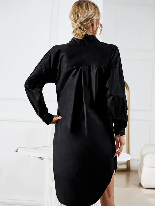 All-Occasion Cotton Fancy Shirt Midi Dress with Pockets - Without Belt