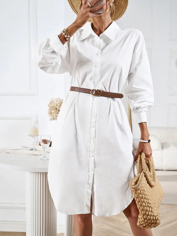 All-Occasion Cotton Fancy Shirt Midi Dress with Pockets - Without Belt