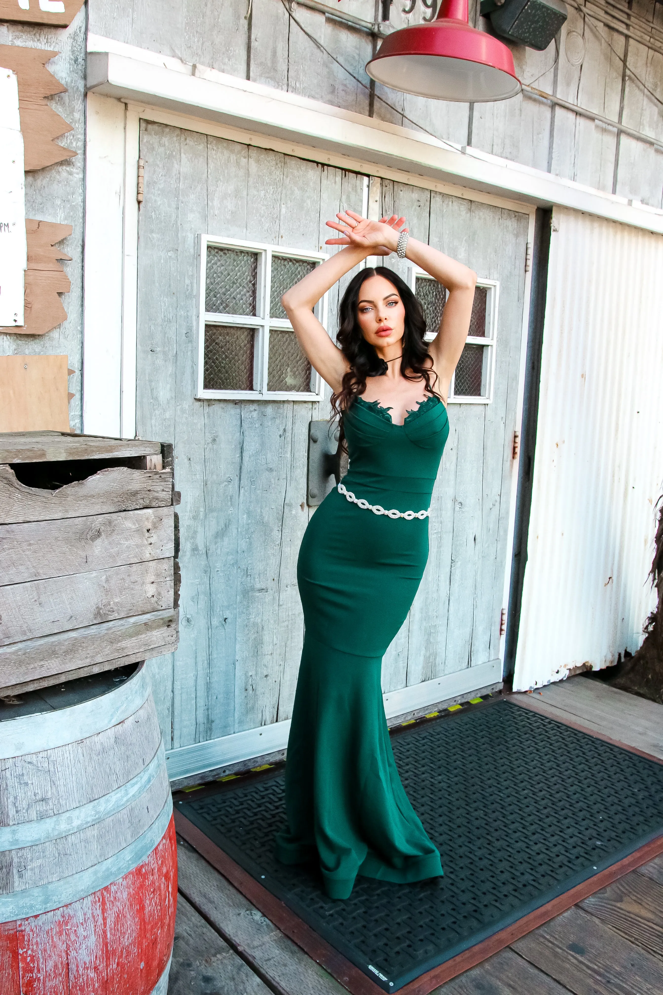 Alluring Emerald Lace Embellished Bust Mermaid Gown