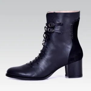 Alya Block Heel Boot | Black Calfskin & Suede Leather