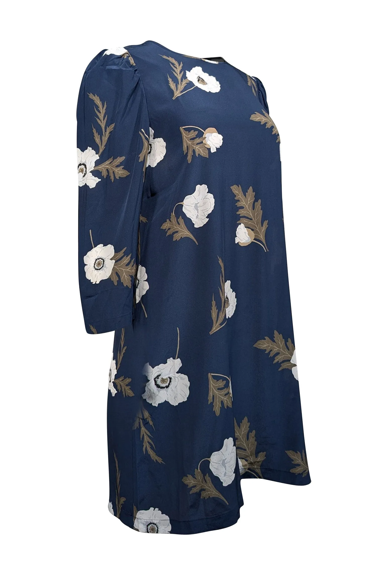 Amour Vert - Navy w/ White & Green Floral Print Silk Shift Dress Sz M