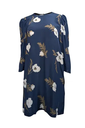 Amour Vert - Navy w/ White & Green Floral Print Silk Shift Dress Sz M