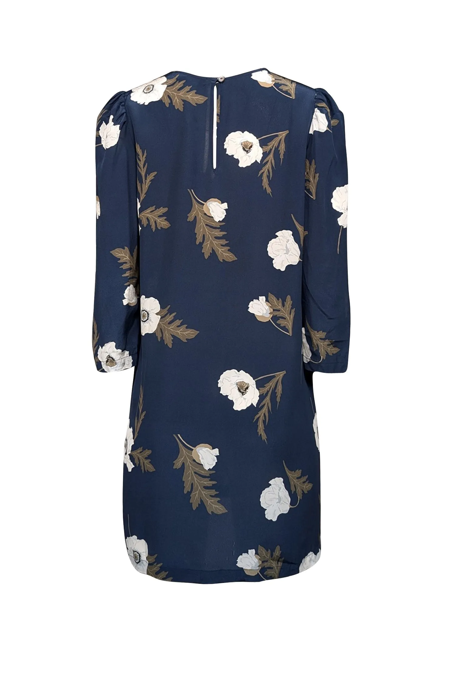 Amour Vert - Navy w/ White & Green Floral Print Silk Shift Dress Sz M