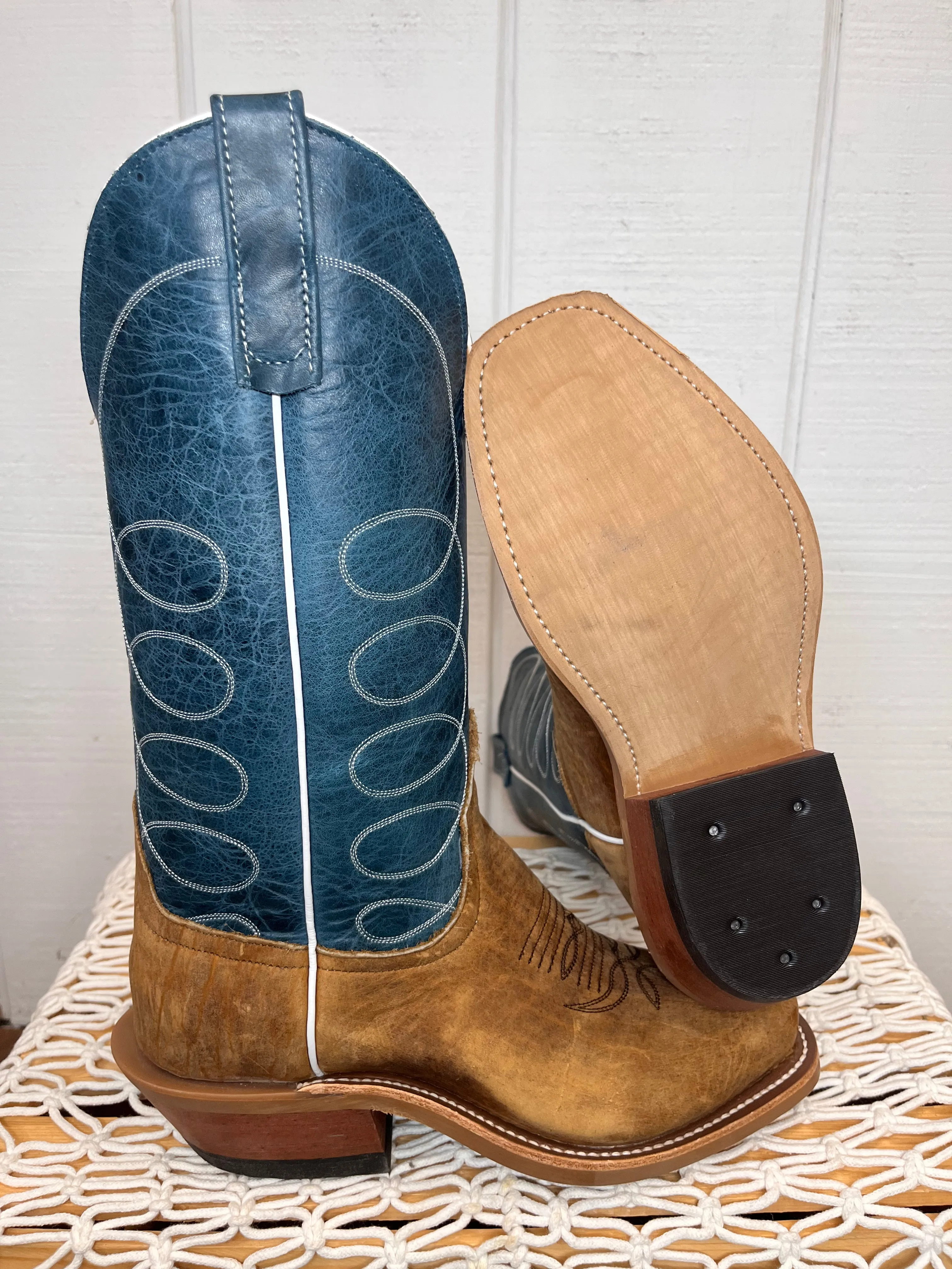 Anderson Bean Men's Tan Distressed Buffalo & Blue Lava Top Cutter Toe Cowboy Boots 336975