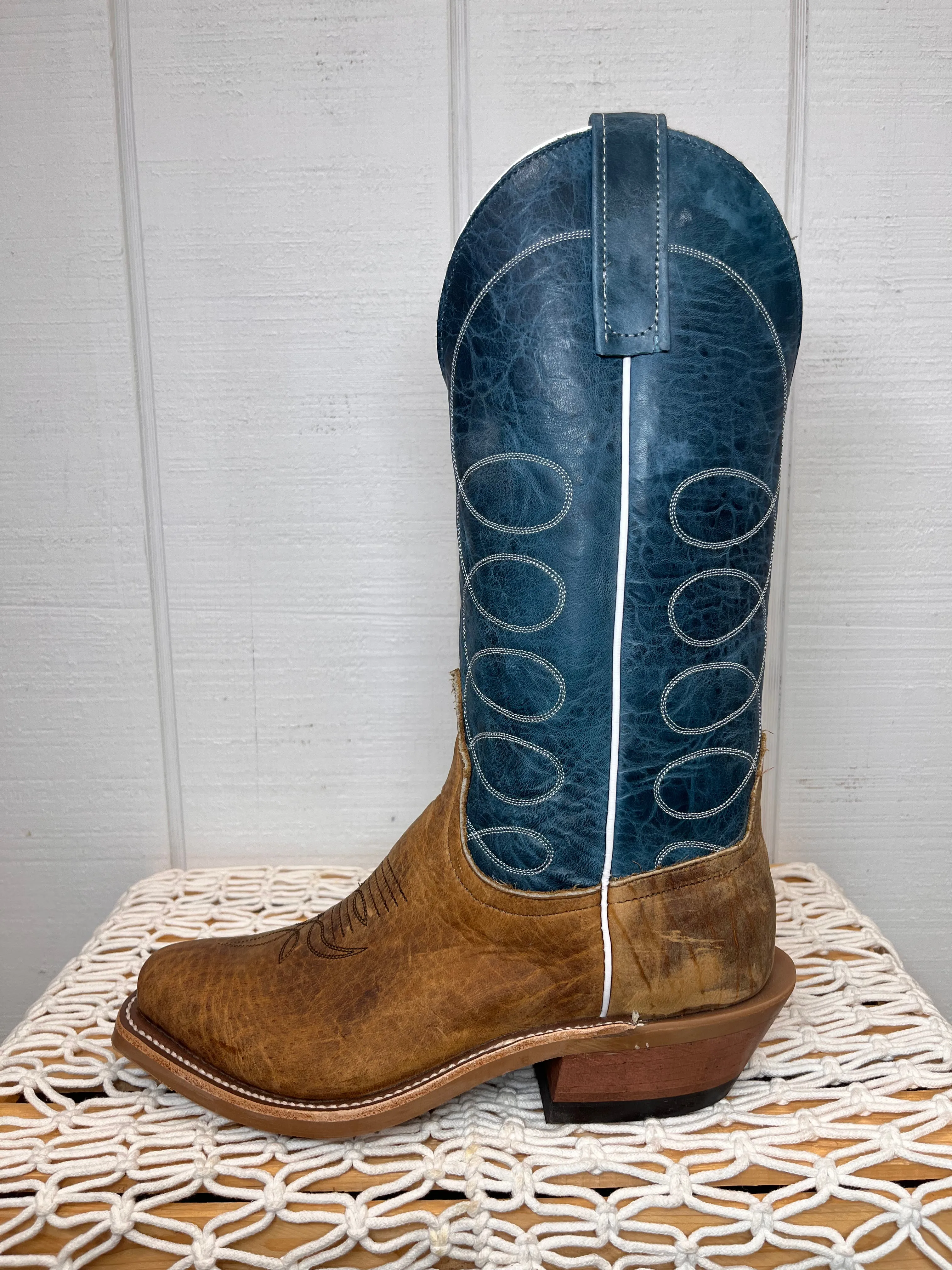Anderson Bean Men's Tan Distressed Buffalo & Blue Lava Top Cutter Toe Cowboy Boots 336975